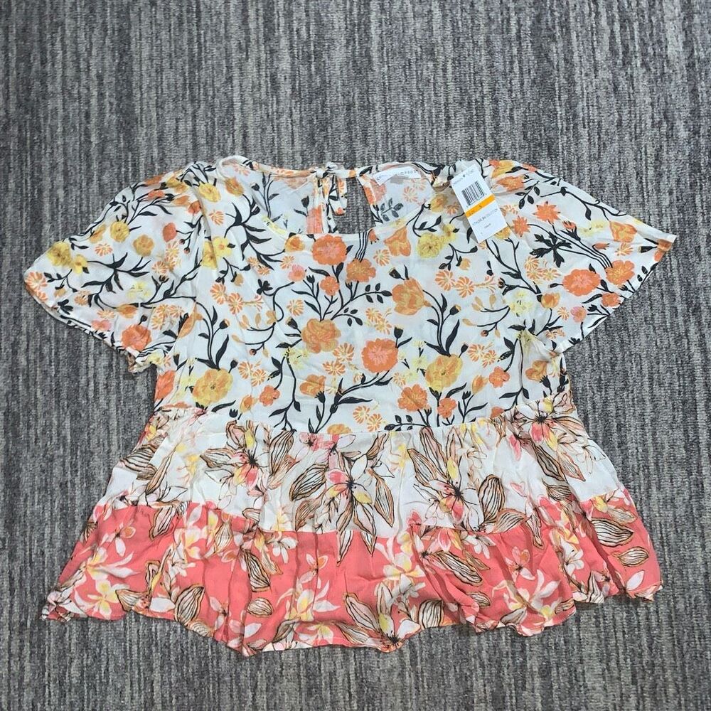 Coco + Jaimeson Womens Size Small Peplum Top Floral Print Flowy Cream Orange NWT